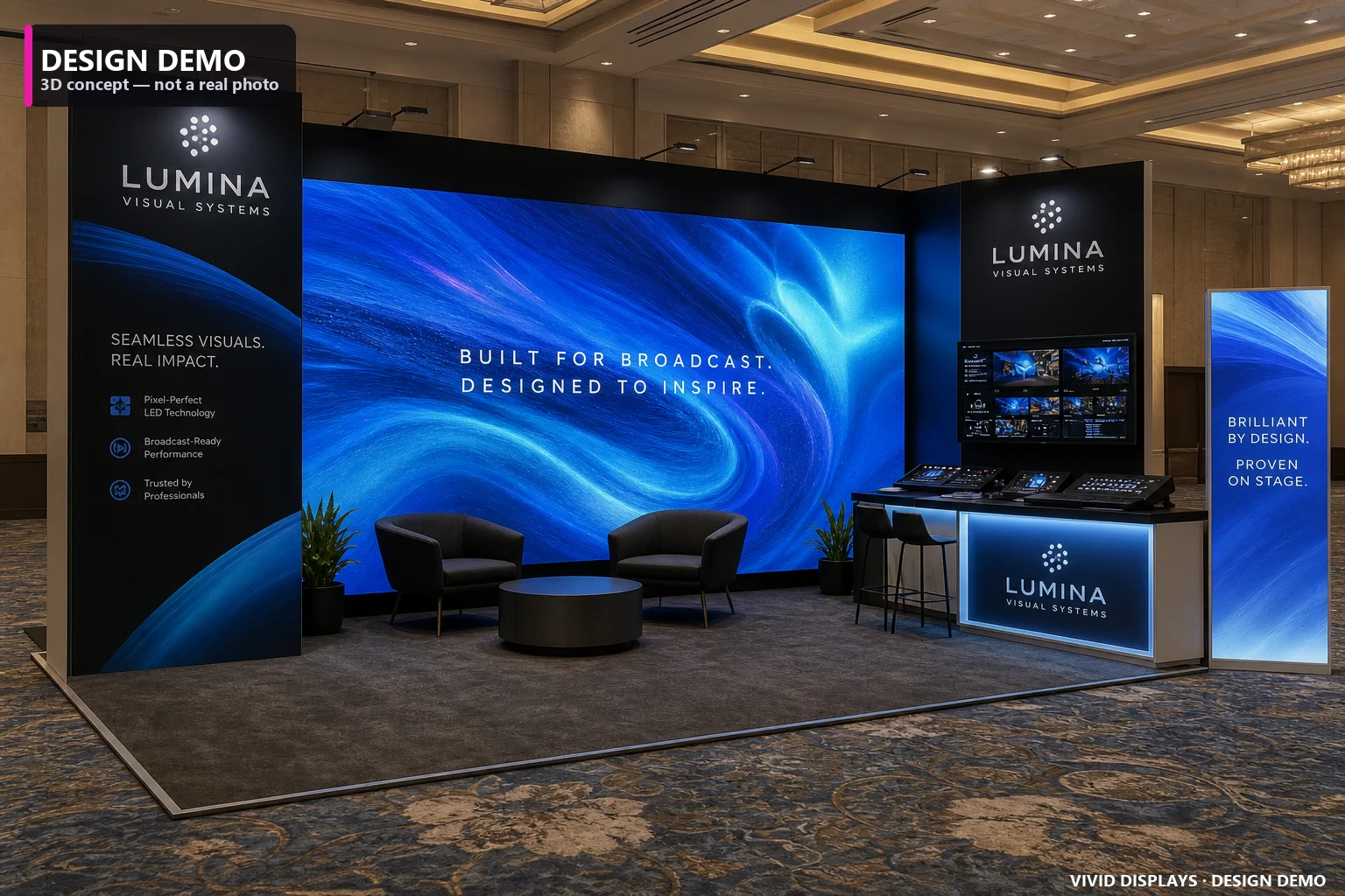 Broadcast, Media & Pro AV trade show booth — Vivid Displays design concept