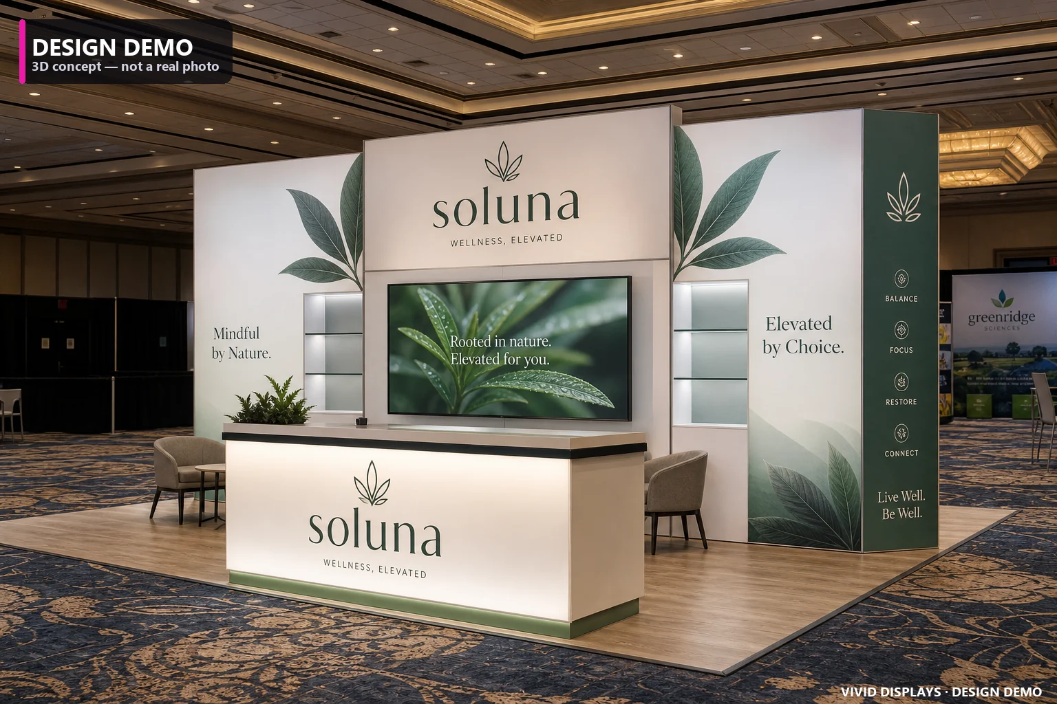 Cannabis trade show booth — Vivid Displays design concept